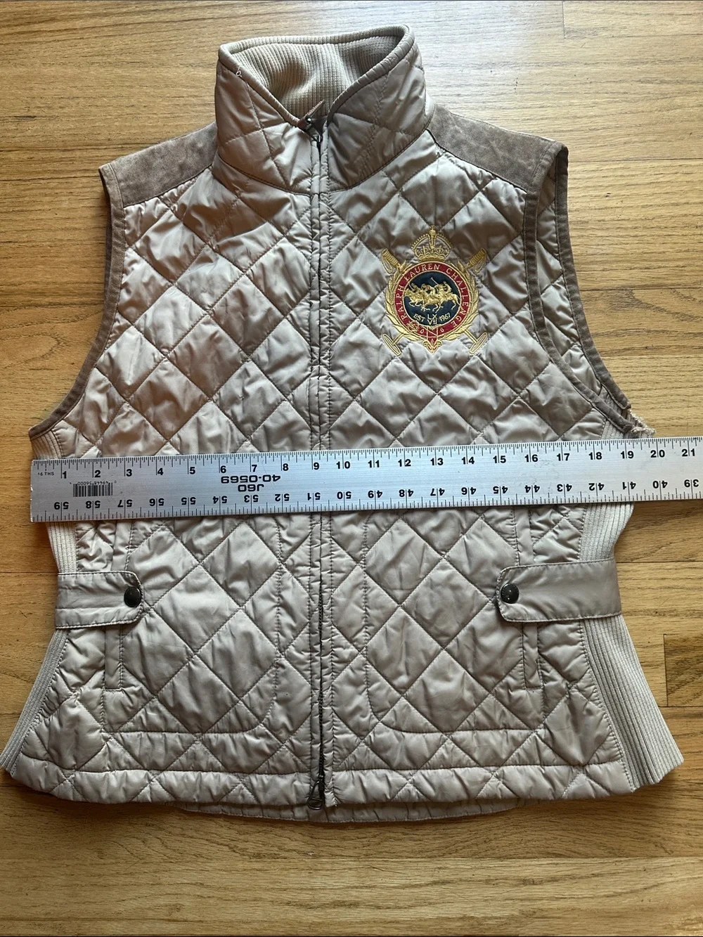 XL Beige Quilted Sleeveless Ralph Lauren Vest with Embroidered Crest